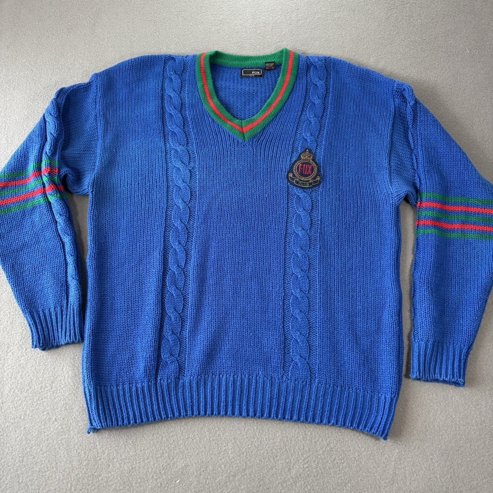 Vintage FOX Cable Knit Sweater Mens XL Blue V Neck Crest Preppy Retro Ivy League